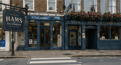 The navy shopfront of Hams Of Richmond at 5 Hill Rise